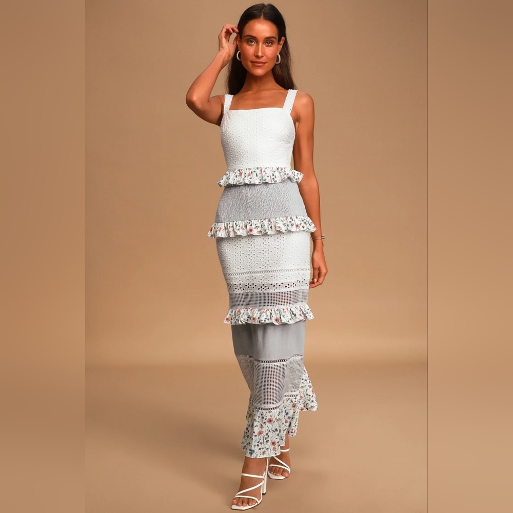 Lulu's Florance White Multi Eyelet Tiered Maxi Dress